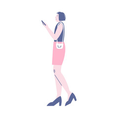 Young smiling woman standing in queue and looking at smartphone