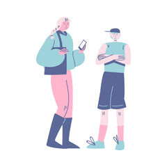 Young smiling woman with son standing in queue with smartphone