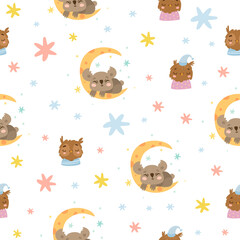 Cute pattern with good night animals. koala on the moon owl in a cap. cartoon animals sleeping