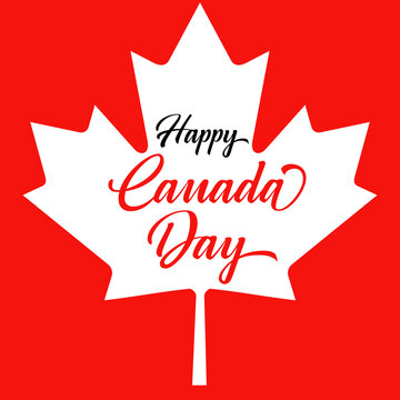 Happy Canada Day handwritten lettering with maple leaf on red. Typography with national symbol flag for greeting card, decoration and covering. Vector concept for Canada Day