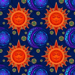 colorful Sun and Moon design with viking style illustration doodle seamless pattern vector with deep blue sky color background 