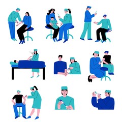 People and doctors during vaccination from virus or disease in clinic