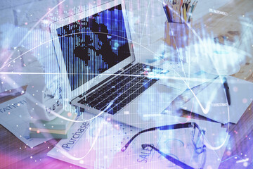 Double exposure of business theme icons and work space with computer background. Concept of success.