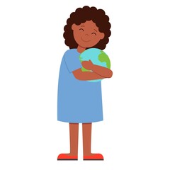 Cute little african girl character with earth. cartoon kids character for print, textile, postcard, stickers, site design or other design project.