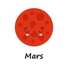 Vector cartoon illustration of cute smiling Mars face. Colorful Vector Illustration of sleeping red planet in space on white background.
