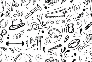 Daddy's day. Seamless pattern with male objects in doodle style. White background, isolate. Stock illustration.