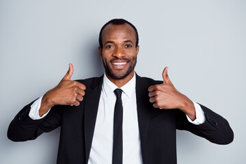 Portrait of his he nice attractive classy cheerful cheery glad guy showing double thumbup great good excellent result deal done isolated over grey pastel color background