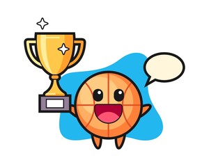 Basketball cartoon happy holding up the golden trophy