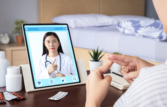 Deaf Mute Patient Use Video Conference, Make Online Consultation By Sign Language With Doctor On Tablet Application About Illness, Medicine Via Vdo Call. Telehealth, Telemedicine, Online Hospital