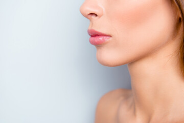 Cropped close-up portrait of attractive lady with perfect lips form shape curves flawless pure shine clean clear skin trend professional filler isolated over light gray background