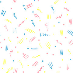 Abstract background with seamless texture. Curls, lines and specks of pink, blue and yellow colors on white backdrop. Colorful joyful vector illustration of holiday ornament