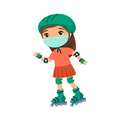 Little sportswoman with a protective mask. Virus protection, allergies consept. Cute little girl roller skating  cartoon character. Recreation and leisure.
