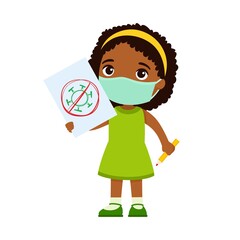 Little dark skin girl with medical mask holding paper sheet with virus image. Cute schoolkid with image and pencil in hands isolated on white background. Virus protection consept.