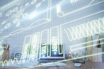 Desktop computer background and education theme drawing. Double exposure. Study concept.