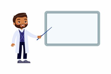 A smiling dark skin male doctor points to an empty medical demonstration board. Doctor in a white coat character. Vector illustration on a white background.