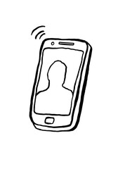 Smartphone painted with brush and ink. Video conferencing using a cell phone. Remote communication.