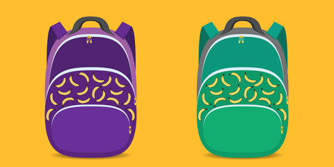 Bright youth purple and green backpacks with a pattern of bananas. Back to school. School backpack design