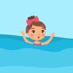 Scared little girl swimming flat vector illustration. Child sinking, waving hands and calling for help in sea. Danger on water. Kid in swimsuit learning to swim cartoon character on blue background