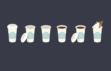 Set of coffee plastic cup. Can be used like a animation. Vector illustration.