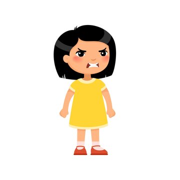 Angry little asian girl flat vector illustration. Furious child, aggressive kid cartoon characters. Kid with mad face expression isolated on white background