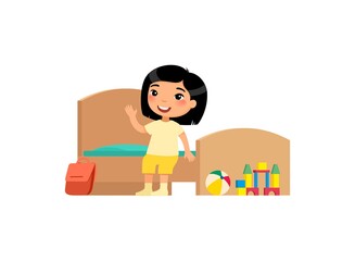Little asian girl in clean bedroom flat vector illustration. Cute kid sitting on bed in tidy room cartoon character. Neat child in organized interior isolated on white. House cleanup and hygiene