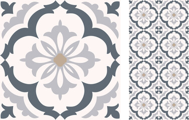 Seamless  Azulejo tile. Portuguese and Spain decor. Islam, Arabic, Indian, Ottoman motif. Vector Hand drawn background - 357777874