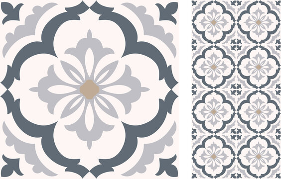 Seamless  Azulejo tile. Portuguese and Spain decor. Islam, Arabic, Indian, Ottoman motif. Vector Hand drawn background