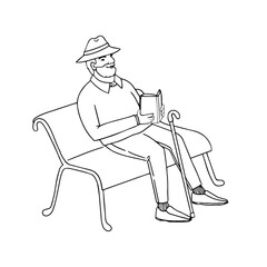Vector outline illustration of cute old man sitting on a park bench reading a book. Isolated on white background