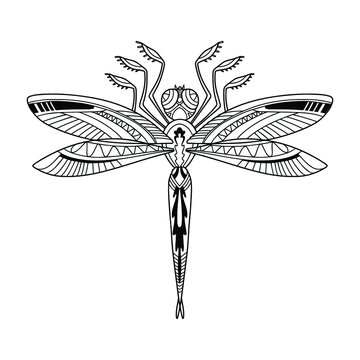 Ornamental dragonfly. Page of coloring book. Black and white vector illustration.