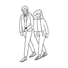 Vector outline illustration of old people walking and talking, isolated on white background
