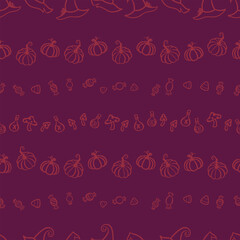Cute hand drawn Halloween seamless pattern, colorful doodle background, great for Halloween banners, wallpapers, textiles, wrapping - vector design