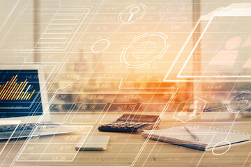 Double exposure of desktop computer and technology theme hologram. Concept of software development.