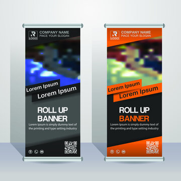 Vector roll-up banner template in geometric modern style with place for images with orange, gray and black colours.