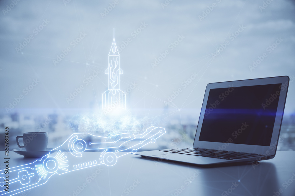 Poster desktop computer background in office and start up theme hologram drawing. double exposure. startup 