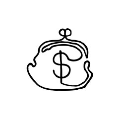 Vector hand drawn outline icon of purse isolated on white background. One line drawing.