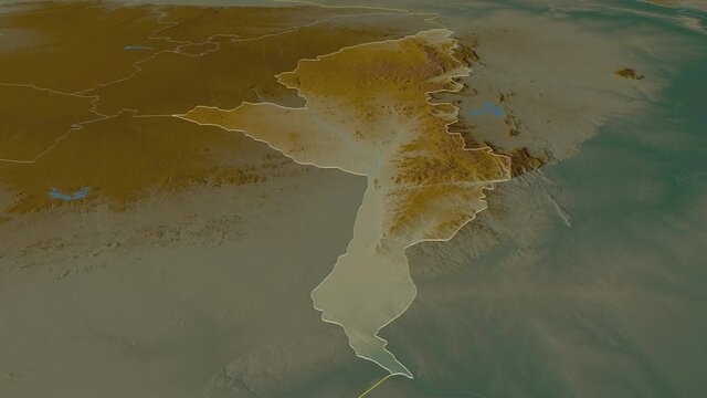 Manicaland, province with its capital, zoomed and extruded on the relief map of Zimbabwe in the conformal Stereographic projection. Animation 3D