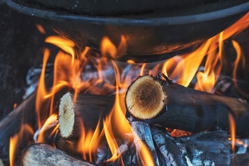 A bright bonfire made of round logs burns under a large cauldron. Cooking outdoors while traveling.