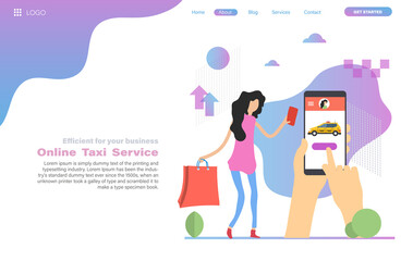 Vector web header template of pretty woman call a taxi by phone