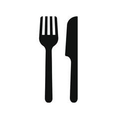 Fork and knife icon logo. Simple flat shape restaurant or cafe place sign. Kitchen and diner menu symbol. Vector illustration image. isolated on white background.