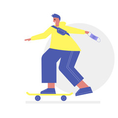 Fototapeta premium Happy young man in huddy on skateboard. Smiling trendy boy walking outside. Free teen concept. Cute vector illustration in flat style