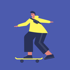 Happy young man in huddy on skateboard. Smiling trendy  boy walking outside. Free teen concept. Cute vector illustration in flat style