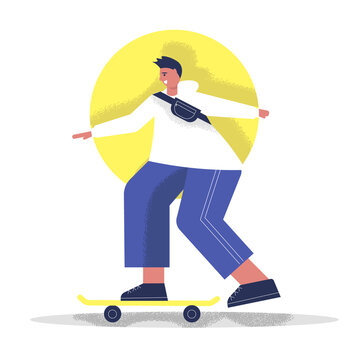 Happy young man in huddy on skateboard. Smiling trendy  boy walking outside. Free teen concept. Cute vector illustration in flat style