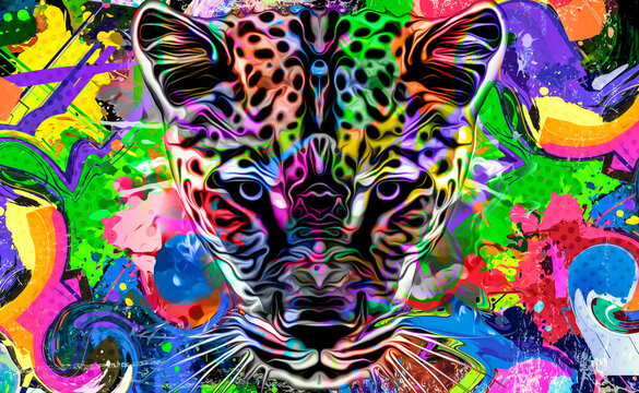 grunge background with graffiti and painted leopard 