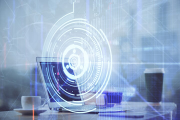 Technology theme drawing and work space with computer. Double exposure. Concept of innovation.