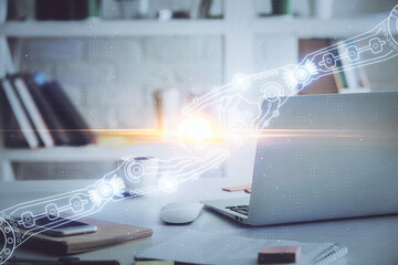 Technology theme drawing and work space with computer. Multi exposure. Concept of innovation.