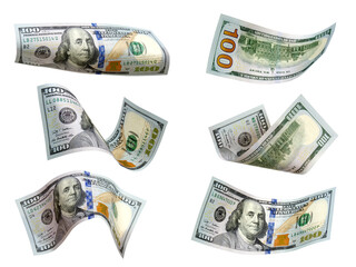 Set of flying dollars banknotes