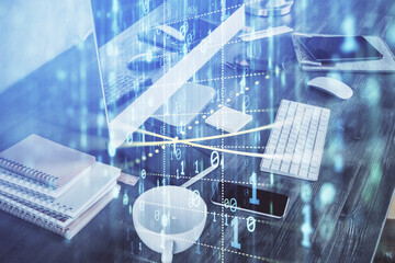 Technology theme drawing and table with computer. Double exposure. Concept of information.