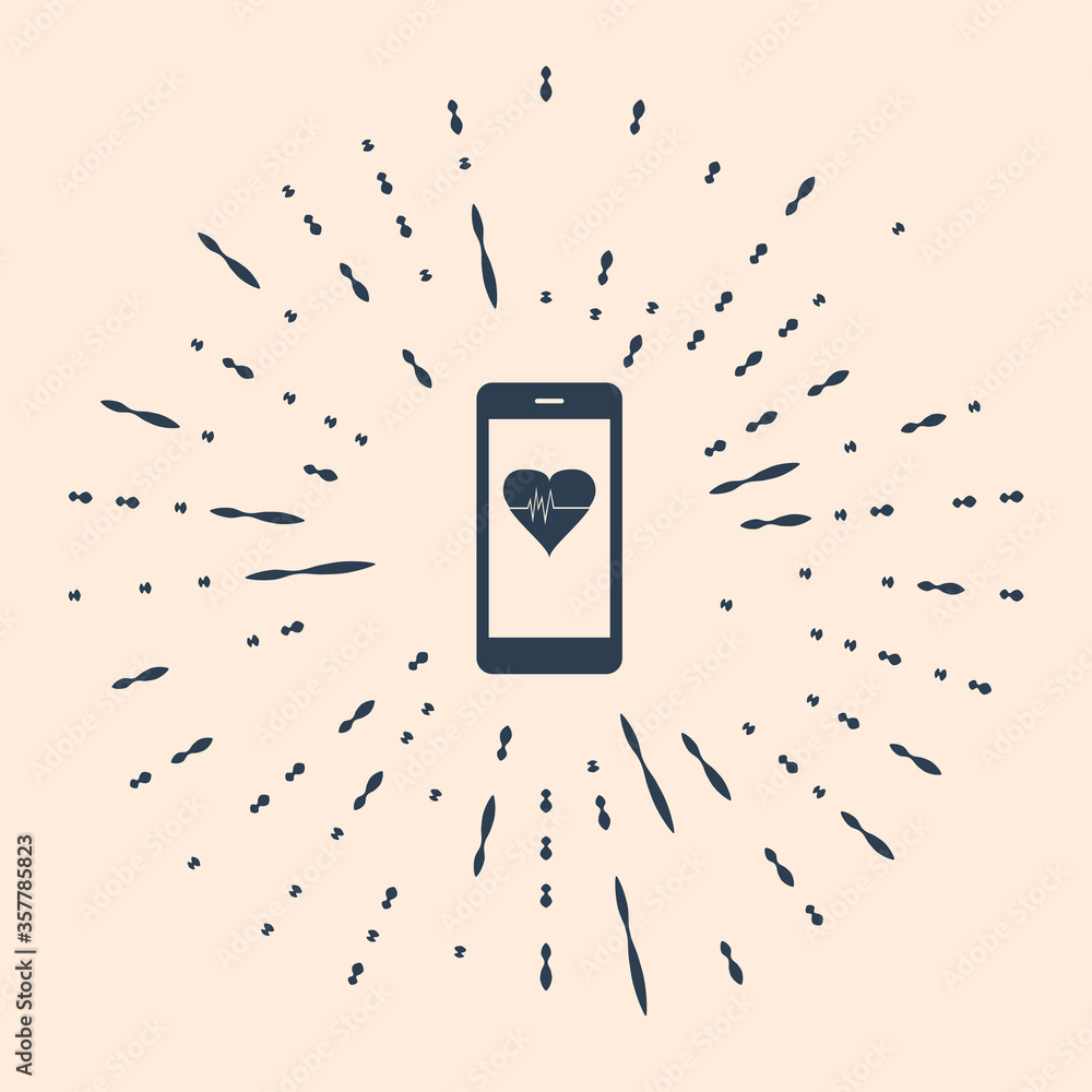 Poster black smartphone with heart rate monitor function icon isolated on beige background. abstract circle