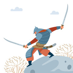 Central Asian Warrior. Nomad warrior with two swords on stone, attacks in battle. Medieval battle illustration. Historical illustration. Isolated vector flat illustration.