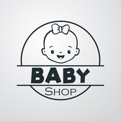 Concepto tienda de moda infantil. Logotipo lineal con texto Baby Shop en círculo con cara de bebé chica sonriendo en fondo gris